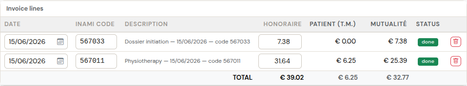 Invoice lines showing INAMI nomenclature codes and the split between patient and mutuality