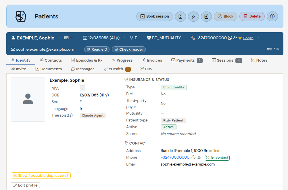 A patient record showing identity, insurance and contact details